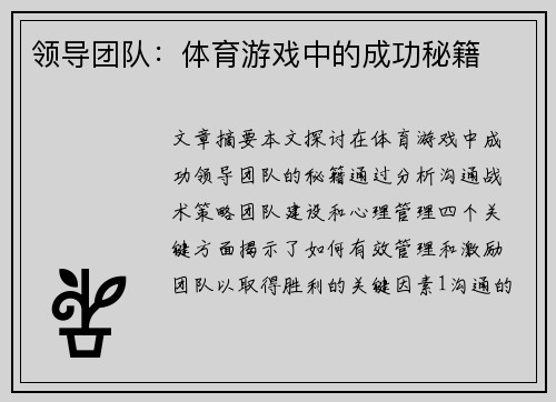 领导团队：体育游戏中的成功秘籍